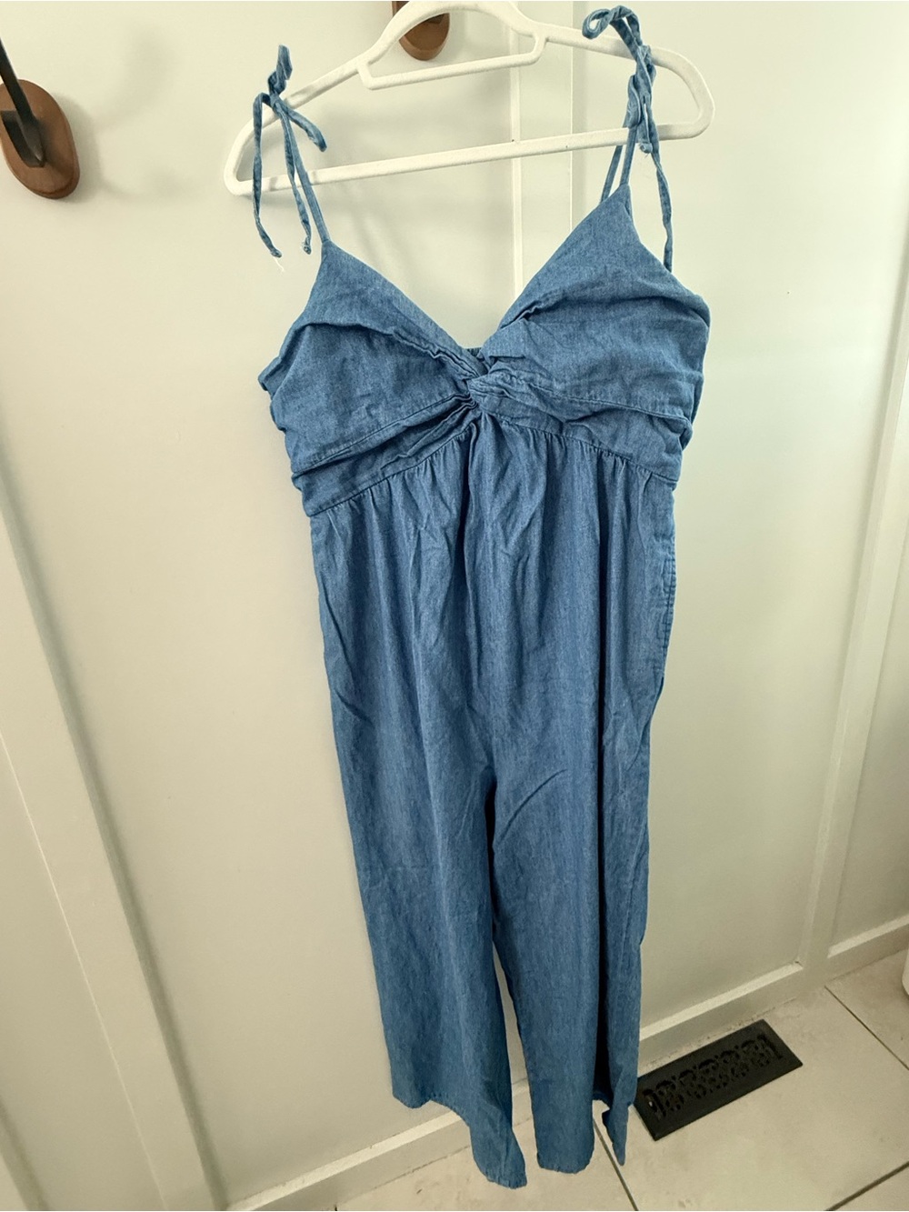 Old Navy Light Blue Denim-Look Wide Leg Jumpsuit with Tie Straps and Pockets